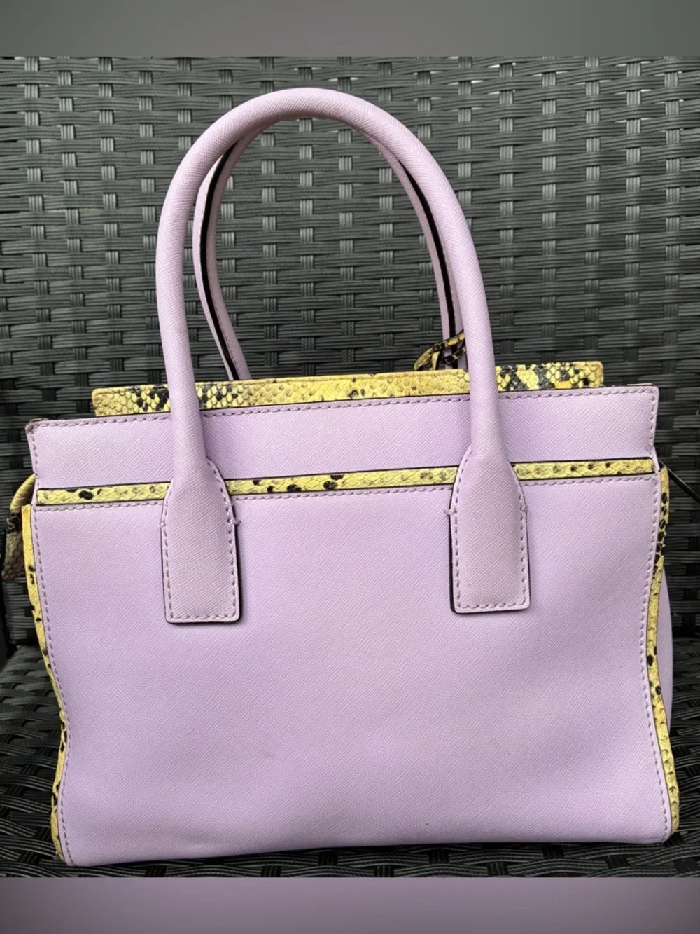 kate spade lilac satchel with yellow snake-print trim